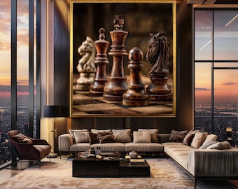 Wooden Chess Canvas Wall Art Classic Strategy Game Scene with Rustic Chess Pieces and Vintage Board for Office or Study Decor