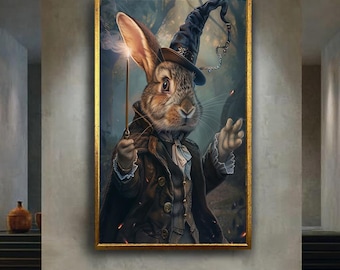 Wizard Rabbit Wall Art Canvas – Magical Bunny Portrait with Wand and Hat – Fantasy Animal Print for Whimsical or Nursery Room Decor