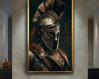 Ancient Roman Warrior Canvas Wall Art – Detailed Gladiator Armor and Helmet Portrait, Historic Soldier Print for Bold Classic Home Decor