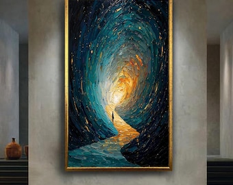 abstract tunnel painting with silhouette figure textured palette knife art colorful path to light modern canvas wall decor