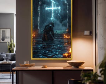 Epic Canvas Print Of Knight Kneeling In Rain Before Glowing Cross Fantasy Christian Wall Art For Gothic And Medieval Home Decor