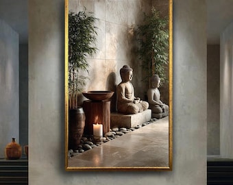 Buddha Zen Meditation Canvas Print – Serene Wall Art with Bamboo, Stones and Candlelight for Spa Room, Yoga Studio or Tranquil Home Decor