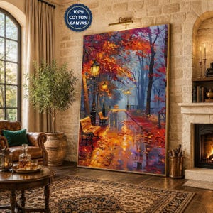 Cuadro decorativo de pared con escena romántica de un parque otoñal, farolas y hojas cayendo. Obra de arte con ambiente otoñal para una decoración acogedora en el hogar.