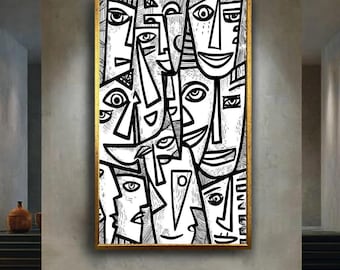 Abstract Cubist Faces Canvas Print – Black and White Modern Line Art for Creative Office, Minimalist Home or Contemporary Wall Decor