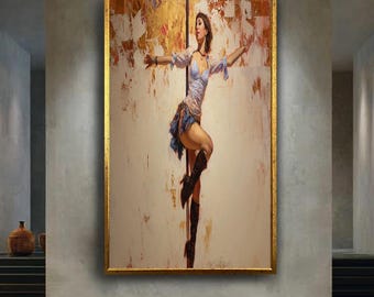 Western Cowgirl Pin-Up Style Wall Art Print, Sexy Vintage Pole Dancer Painting for Rustic Country Home or Bar Decor