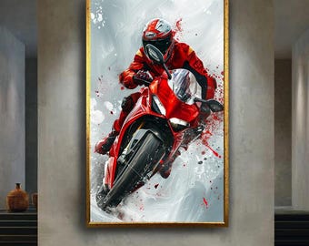 Red Sport Motorcycle Canvas Wall Art – Extreme Racing Biker Dynamic Splash Print, Modern Motorbike Decor for Garage, Office, or Living Room