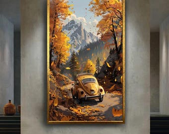 Vintage Car Autumn Road Canvas Wall Art – Yellow Retro Beetle Driving Through Fall Forest Mountains – Wanderlust Travel Print