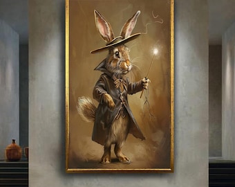 Magical Bunny Canvas Wall Art – Whimsical Wizard Rabbit with Wand – Fantasy Animal Print for Nursery or Storybook Style Room Decor