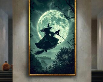 Witch Flying with Cat in Front of Full Moon Canvas Wall Art – Spooky Halloween Night Print for Gothic, Fantasy or Witchy Home Decor