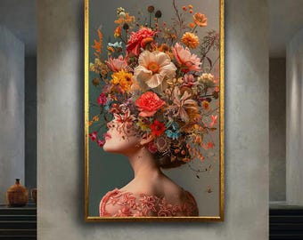 Floral Woman Portrait Canvas Wall Art, Colorful Botanical Headpiece Artwork for Home Decor, Romantic Bohemian Gift for Art Lovers