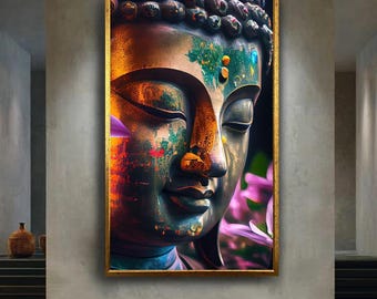 Colorful Buddha canvas wall art print, spiritual enlightenment artwork with nature, zen meditation decor for peaceful home space