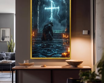 Epic Canvas Print Of Knight Kneeling In Rain Before Glowing Cross Fantasy Christian Wall Art For Gothic And Medieval Home Decor