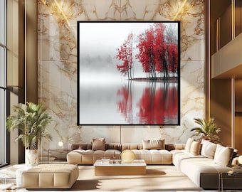 Red Autumn Trees Reflected on Misty Lake Wall Art, Minimalist Foggy Nature Canvas Print for Calm Zen and Japandi Home Decor