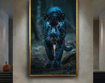 Black Panther Canvas Wall Art – Fierce Jungle Predator with Blue Eyes, Exotic Big Cat Wildlife Print for Bold and Modern Home Decor
