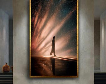 Spiritual Jesus Walking Under Stars Canvas Print – Christian Faith Wall Art with Celestial Light for Prayer Room or Inspirational Decor