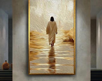 Jesus walking in golden divine light abstract spiritual wall art canvas print Christian religious painting for home decor gift