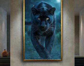 Mystic Black Panther Wall Art Print, Dark Jungle Animal Canvas Art, Fantasy Wildlife Decor, Night Forest Big Cat Illustration