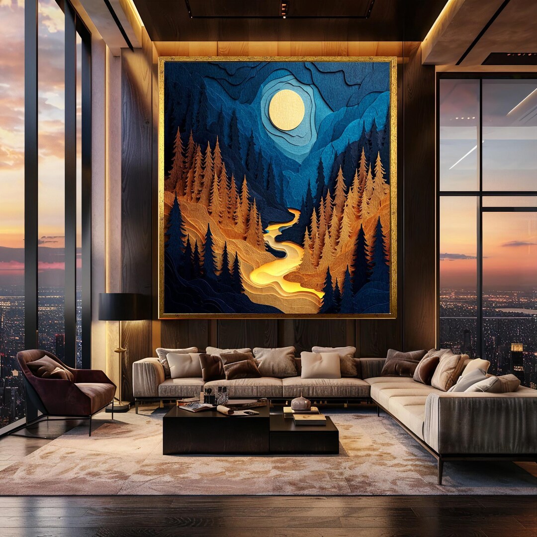 Moonlit Forest River Canvas Wall Art – Midnight Nature Landscape Print ...