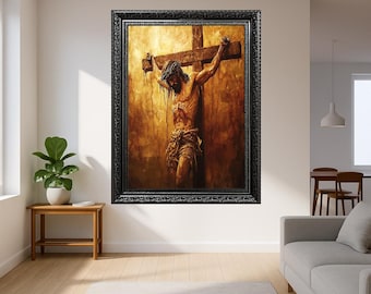 Jesus on the Cross Religious Wall Art – Dramatic Crucifixion Scene Canvas Print – Sacred Christian Home Decor for Prayer and Worship Spaces