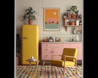 Mid Century Modern Kitchen Decor with Yellow Retro Fridge, Pink Cabinets and Geometric Tile for Colorful Vintage Home Styling