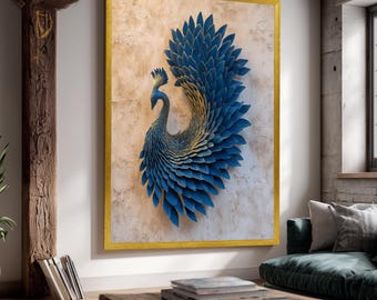 Luxury Blue Peacock Wall Art Print, Abstract Bird Feather Poster, Elegant Nature Inspired Decor, Modern Gold Accent Artwork