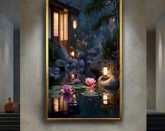 Japanese Zen Garden Wall Art Print – Lotus Pond with Lantern Canvas – Peaceful Nature Home Decor – Tranquil Spa Meditation Poster
