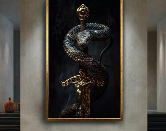 Dark Snake and Sword Canvas Wall Art Print, Gothic Fantasy Serpent Wrapped Blade Artwork, Medieval Symbolic Decor for Home or Office