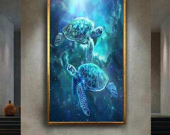 Cosmic Sea Turtles Canvas Wall Art, Fantasy Ocean Space Artwork for Home Decor, Marine Life Digital Painting Gift for Nature Lovers