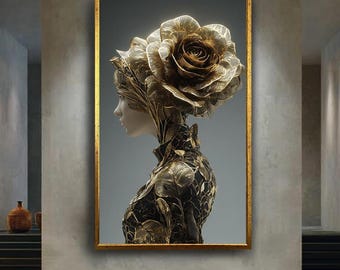Golden Rose Fashion Canvas Wall Art with Elegant Floral Headpiece, Luxury Modern Portrait Print for Glamorous Home and Boutique Decor
