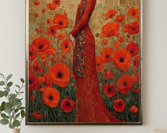 Golden Woman in Red Dress Canvas Wall Art Klimt Style Poppy Field Painting Feminine Floral Print for Elegant Bedroom or Living Decor