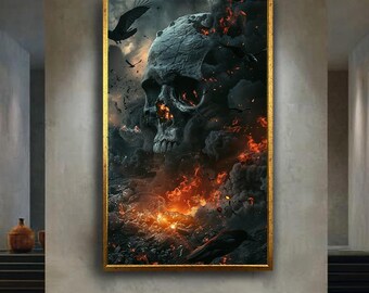 Apocalyptic Skull Canvas Wall Art – Dark Burning Landscape with Ravens, Gothic Horror Fantasy Print for Haunted and Dramatic Home Decor