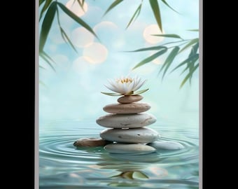 Zen Stones and White Lotus Flower Canvas Wall Art, Tranquil Water Reflection Poster, Peaceful Bamboo Spa Room Decor Print