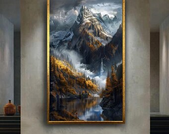 Snowy Mountain Landscape Canvas Wall Art with Waterfall and Autumn Forest, Scenic Nature Print for Rustic Cabin or Adventure Home Decor