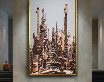 Guitar City Canvas Wall Art, Futuristic Music-Inspired Metropolis Illustration, Unique Artwork for Musicians and Creative Home Decor
