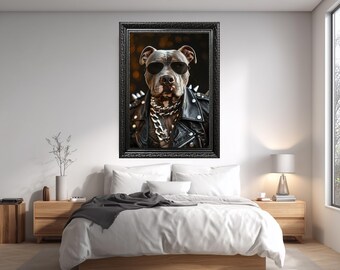 Cool Dog Wall Art in Leather Jacket With Sunglasses Rocker Punk