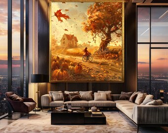 Whimsical Autumn Fantasy Wall Art Girl on Bicycle Fall Leaves Tree House Pumpkin Field Print Cozy Canvas Art
