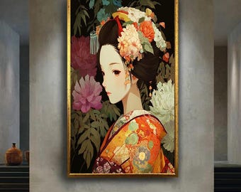 Floral Japanese Geisha Wall Art Print – Elegant Woman in Colorful Kimono Canvas – Asian Portrait Poster – Traditional Oriental Decor