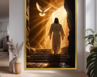 Christian Resurrection Wall Art Jesus Leaving Tomb Light and Dove Religious Poster Faith Based Spiritual Print Canvas  Download