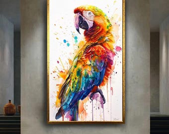 Colorful Parrot Canvas Wall Art with Tropical Rainbow Feathers and Paint Splashes, Vibrant Exotic Bird Artwork for Modern Home Decor