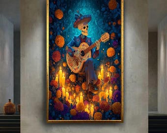 Day of the Dead Skeleton Guitarist Canvas Art – Colorful Mexican Dia de los Muertos Wall Decor with Marigolds and Candlelight Scene