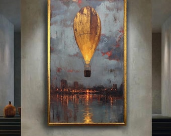 Golden Hot Air Balloon Wall Art Print – Romantic City Night Canvas – Vintage Travel Poster – Atmospheric Urban Landscape Decor