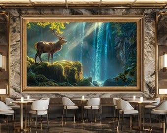 Majestic Deer and Waterfall Wall Art Print, Enchanted Forest Landscape Canvas Art, Nature Wildlife Artwork for Rustic Home Decor