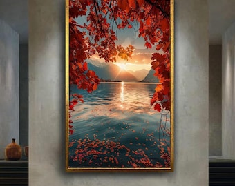 Autumn Sunset Lake Canvas Wall Art Print with Red Leaves and Mountain View, Tranquil Fall Landscape Artwork for Nature Inspired Home Decor
