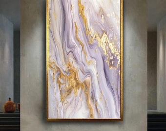 Abstract Purple White and Gold Marble Canvas Wall Art with Fluid Print, Modern Luxury Minimalist Home Decoration