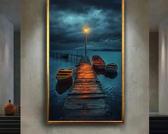 Moody Dock Canvas Wall Art with Boats and Lamp Light Reflection – Dramatic Lake Scene Print for Calm, Nautical or Atmospheric Room Decor