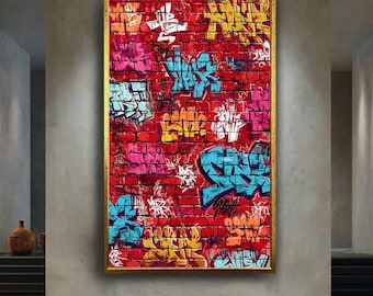 Urban Graffiti Wall Art Print, Red Brick Street Art Canvas Poster, Colorful Hip Hop Spray Paint Style, Modern Graffiti Room Decor