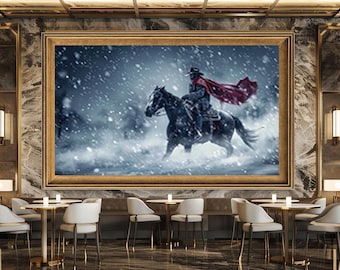 Snowstorm Cowboy Wall Art Print, Western Horse Rider Canvas Art, Epic Winter Landscape Artwork for Rustic or Man Cave Decor