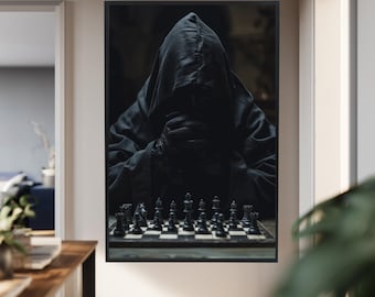 Dark Hooded Figure Chess Canvas Wall Art – Gothic Fantasy Artwork for Dark Academia Decor, Mystery Themed Rooms and Dramatic Interiors