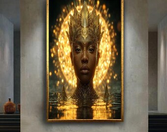 Golden Crown Goddess Canvas Wall Art – Radiant Divine Feminine Portrait with Halo Light – Mystical Regal Print for Luxury Spiritual Decor