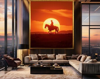 Western Cowboy Sunset Wall Art Print, Horse Silhouette Against Sun Photography, Rustic Country Decor for Farmhouse or Western Style Rooms